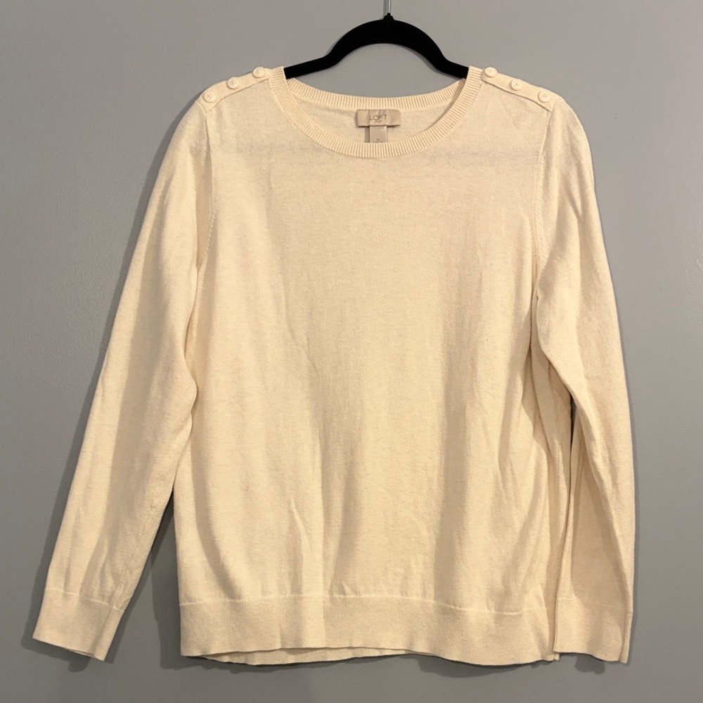 LOFT Outlet XL Fitted Crew Neck Cream Knit Sweater w/ Shoulder Buttons